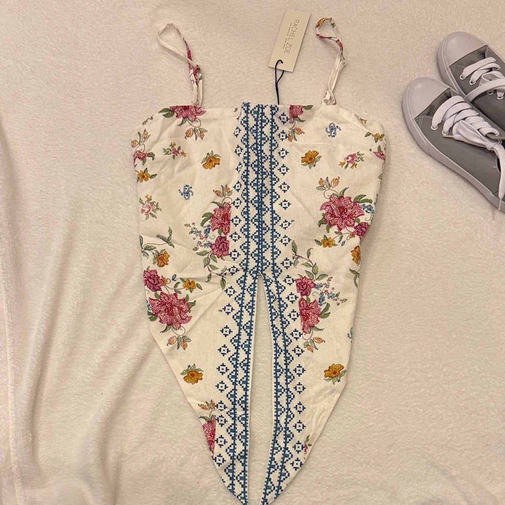 Rachel Zoe Floral Strap Tie Top with Blue and Pink Accents